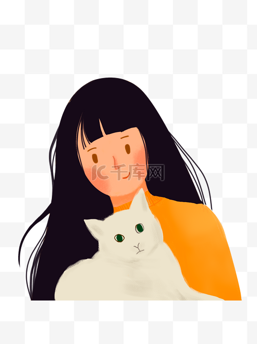 长发女生和白色猫咪手绘插画设计图片
