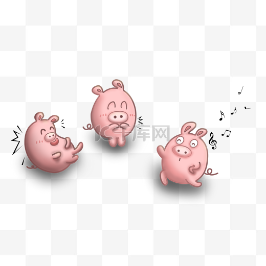 猪年可爱动物三只小猪唱歌跳舞手绘插画图片