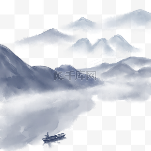 中国风山水水墨重山峻岭流水小船图片