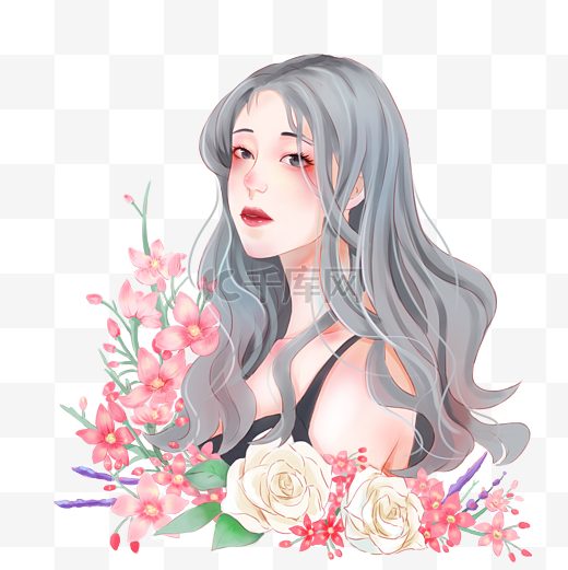 手绘女孩花朵插画图片