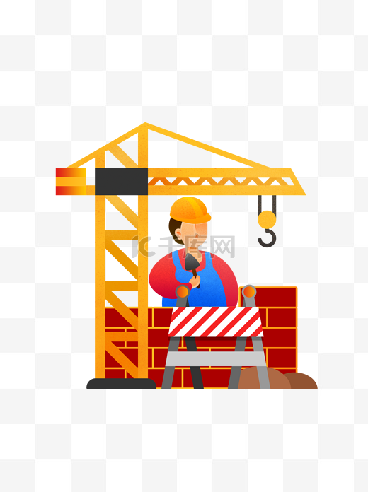 工程建筑职业砌墙工人吊机施工路障插画元素图片