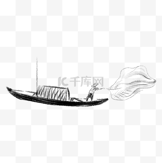 水墨乌篷船捕鱼插画图片