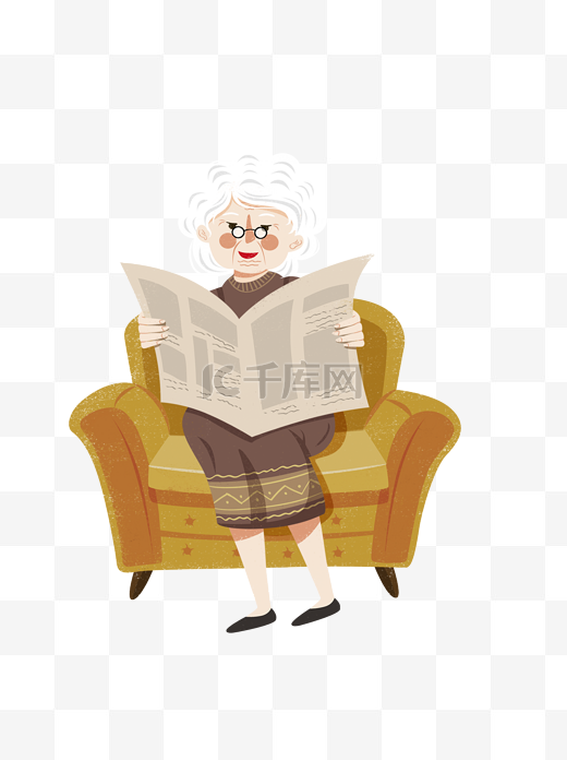 坐在沙发上看报纸的老奶奶图片