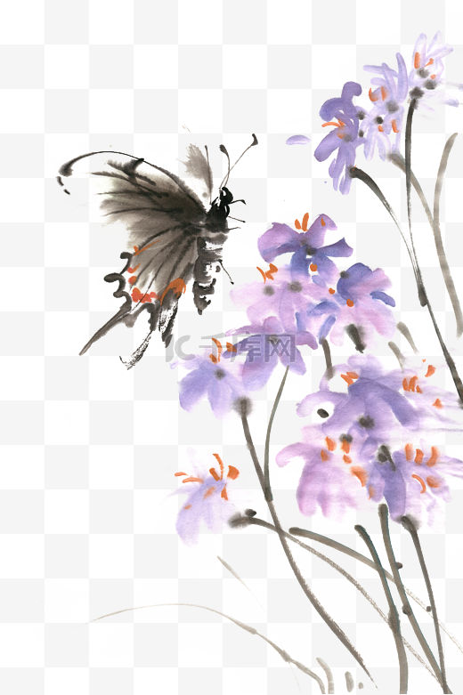 紫色花与蝴蝶水墨画PNG免抠素材图片