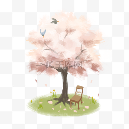 手绘唯美春天樱花树下草地上木椅子鸟语花香插画图片