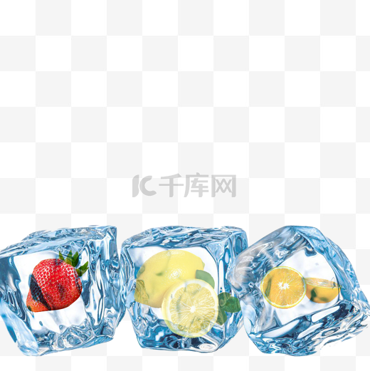 蓝色冰块水果透明质感夏天图片