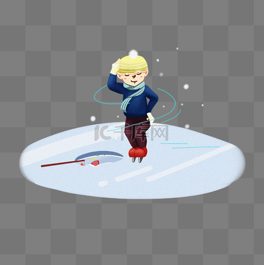 大雪蓝色手绘在冰面上滑冰即将掉进水里PNG免抠图片