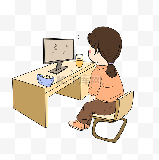 宅在家的小女孩在看电脑手绘插画图片