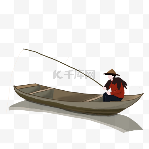 小船中独自钓鱼的蓑衣斗笠男人图片
