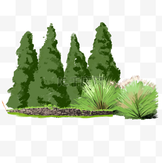 绿色的树和草紫色的砖手绘设计图图片