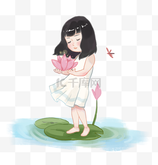 夏季大暑小暑手捧荷花的小女孩插画图片