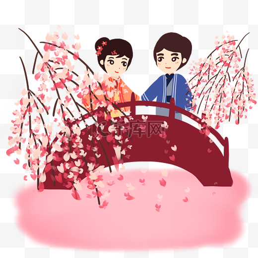 樱花树在古桥上的情侣图片