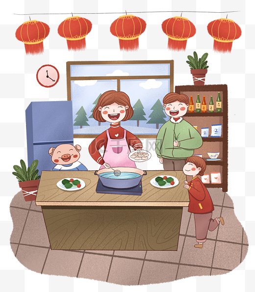 手绘小清新新春佳节煮饺子的一家人下载图片
