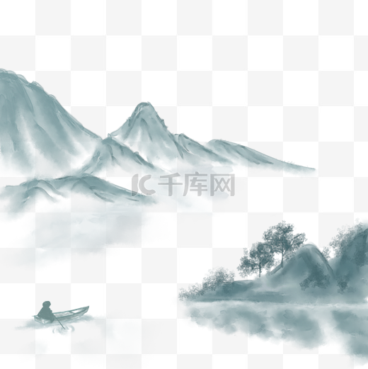 中国风山水水墨高山流水小船图片