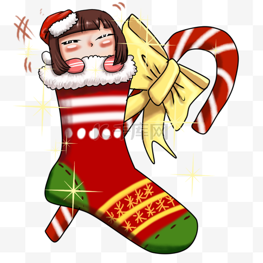 动漫厚涂手绘圣诞袜里的女孩插画PNG图片
