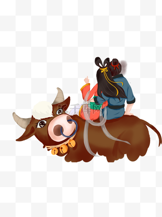 骑在老牛背上的牛郎和织女卡通元素图片