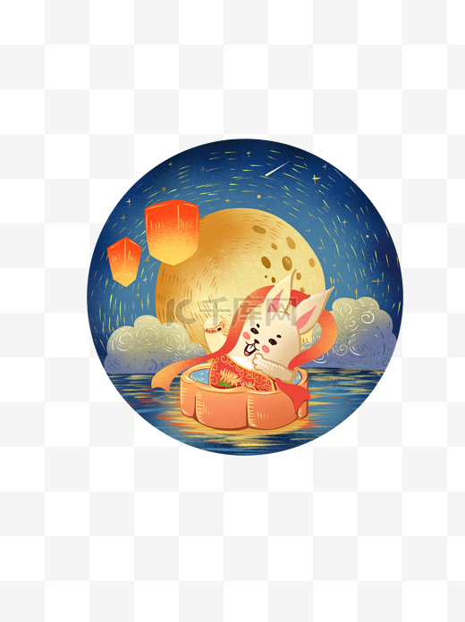 中秋节玉兔赏月插画商用兔子可爱萌萌哒月饼手绘图片