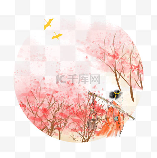 水墨樱花林手绘插画图片