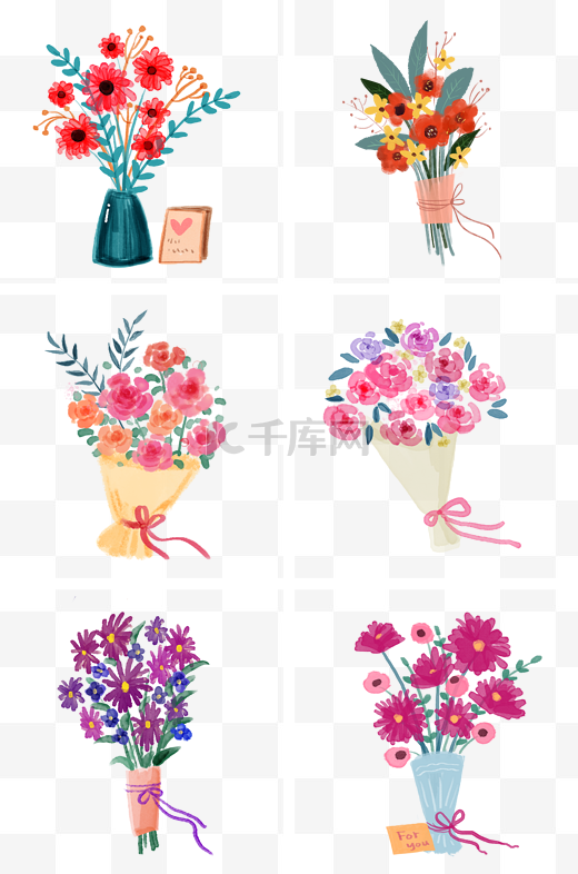 水彩手绘花朵花束组图PNG免抠素材图片