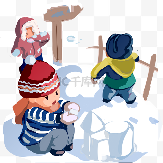 冬季暖色系卡通手绘风孩子们玩雪嬉戏免抠图片