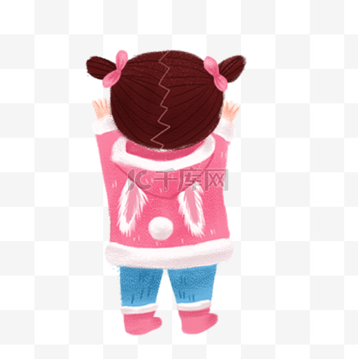 扎羊角辫穿粉色衣服举起手的小女孩背影图片