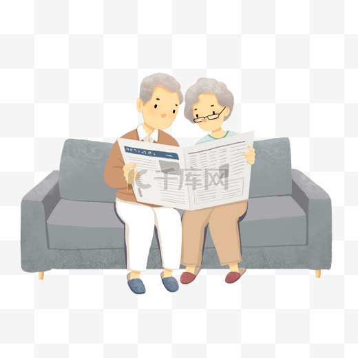 坐在沙发上看新闻报纸的爷爷奶奶图片