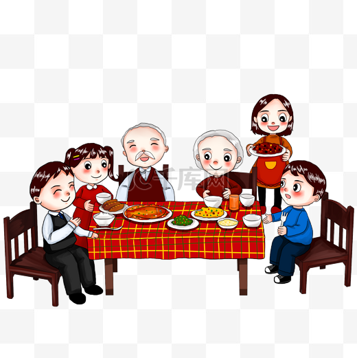 年夜饭家人过年春节父母团圆聚餐吃饭聚会手绘卡通人物除夕年俗图片