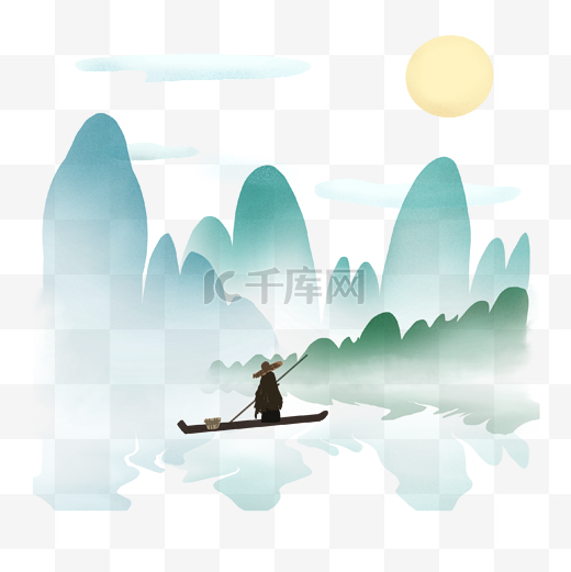 中国风水墨青山绿水江舟竹筏插画图片