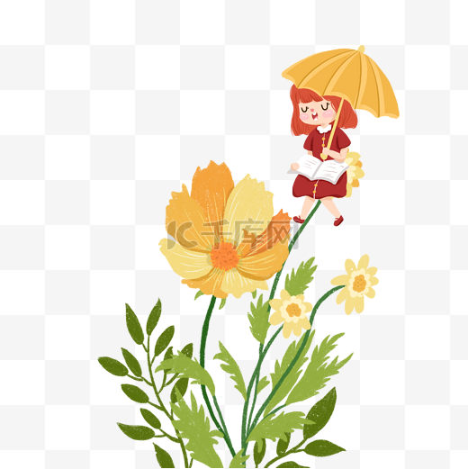 打伞的女孩在草丛里免抠图图片
