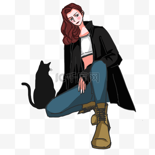 吸猫的时尚个性女孩卡通插画图片