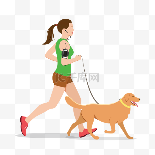 卡通跑步遛狗的女人矢量素材图片