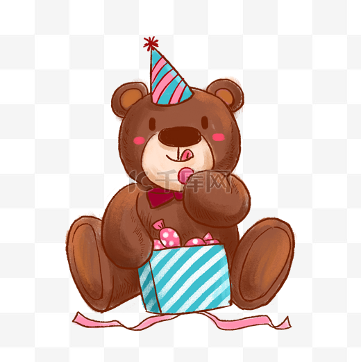 手绘带生日帽的小熊PNG免抠素材图片