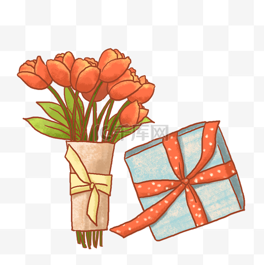 手绘鲜花和礼盒PNG免抠素材图片