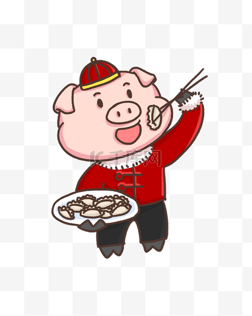 春节卡通猪吃饺子手绘图片