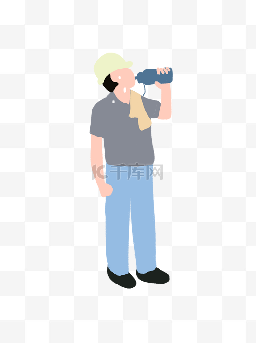 手绘卡通站立喝水的工人图片