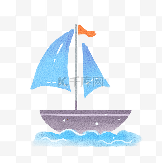 蓝色可爱水彩风小帆船png图片