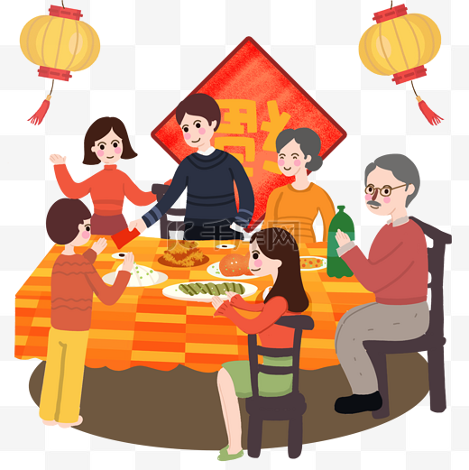 卡通手绘新年家人团聚开心吃年夜饭的创意海报图片