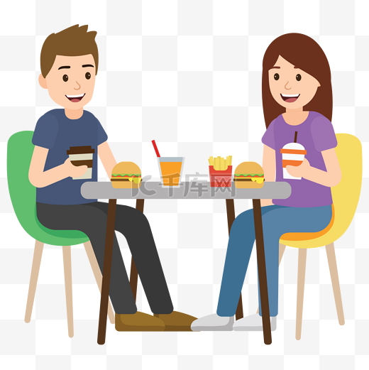 矢量卡通坐在一块吃汉堡喝可乐的人图片