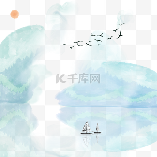 国画彩色水墨山水中国风古风风景插画图片
