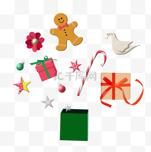 圣诞立体彩色礼物盒装饰挂件星星鸽子姜饼人花糖果拐杖图片