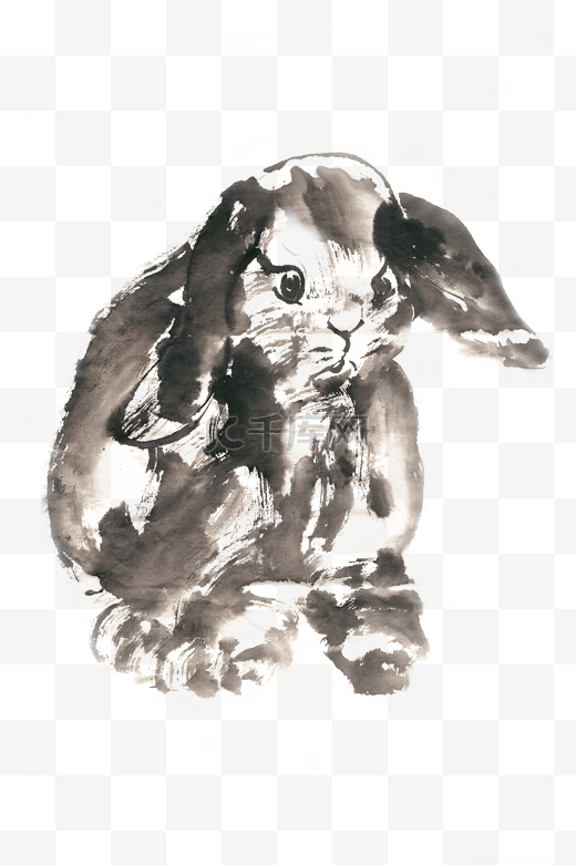 呆萌的兔子水墨画PNG免抠素材图片