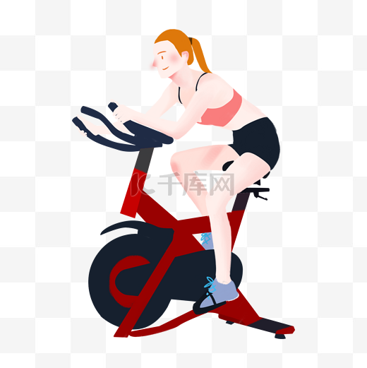 健身运动女生骑动感单车小清新欧美风格卡通人物图片