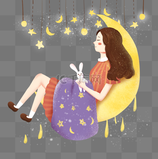 世界睡眠日手绘在月亮上睡觉的女孩图片
