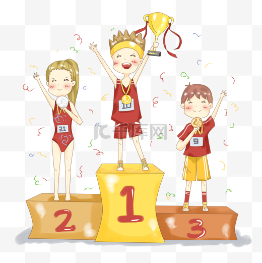领奖台高举奖杯的比赛运动员插画PNG图片