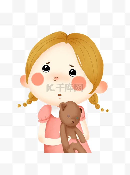 手绘卡通抱着小熊玩具的可怜委屈小女孩可商用元素图片