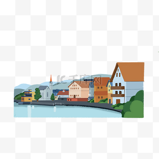 欧洲小镇宁静湖水装饰春日风景海报底部图片