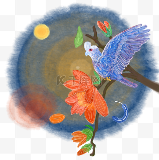 中国风水墨水彩中秋节花好月圆喜鹊登枝手绘图片