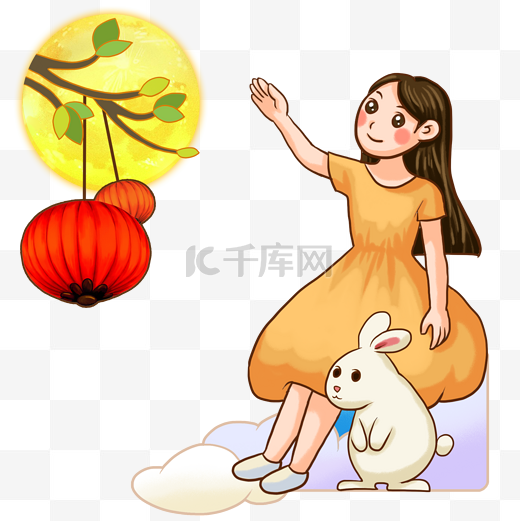 中秋节女孩赏月插画图片