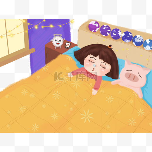 冬季手绘卡通睡觉赖床小女孩图片