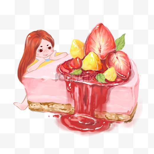 美食与可爱少女卡通主题插画草莓蛋糕图片